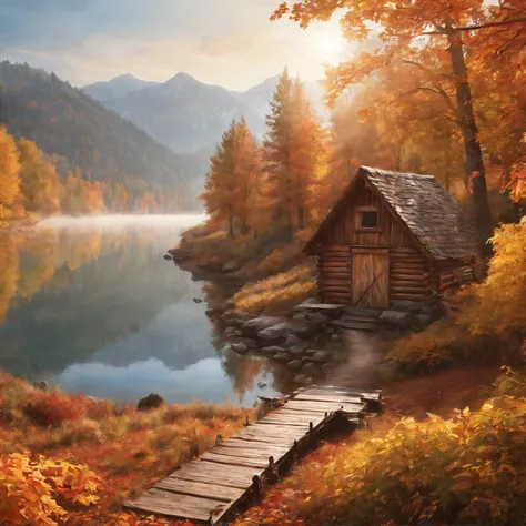 best quality,ultra-detailed,realistic,autumn colors,sunlight,fall foliage,reflection in the lake,trail,hikers,camping,fog,peaceful,serene,calm,calming,ethereal,crisp air,tranquil,serene,sun rays through the trees,colorful leaves,rustic cabin,wooden bridge,...