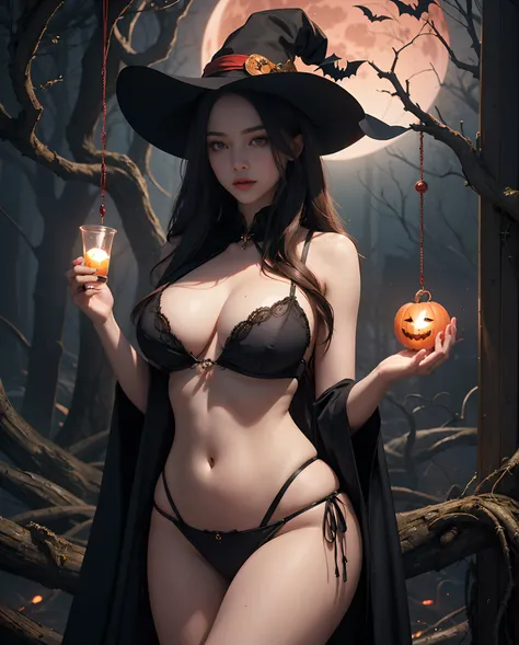 Create a spellbinding digital artwork depicting a mesmerizing hot woman exuding ethereal beauty beneath the bewitching glow of a blood moon on Halloween night. Big breast, big hips, sensual