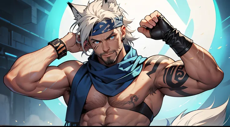 muscular male with short beard, dominant, sweating, bulge, has long flowing white hair, has wolf ears, has wolf tail, shirtless, wearing very low punk leather pants, solo, alone, has glowing blue eyes, covered in tribal tattoos, wearing bandana wrist bands...