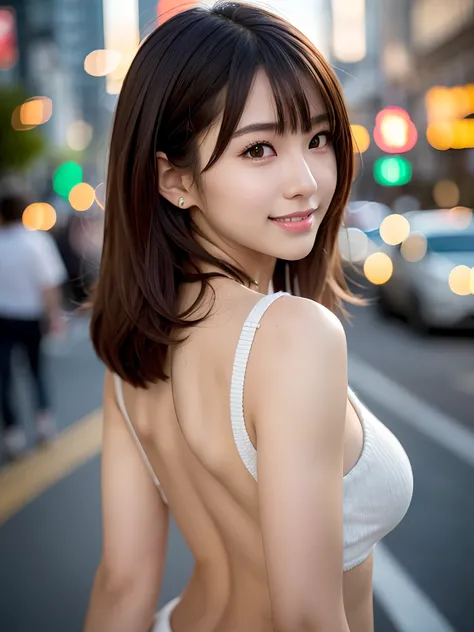 Look from behind，Backless sweater，Product quality, 1 girl,a Japanese young pretty girl, Long Bob hair, Walk on crowded sidewalks at night，With a big smile on his face, Beautiful sunset,、 hyper cute face, Glossy lips, double eyelids for both eyes, Natural m...