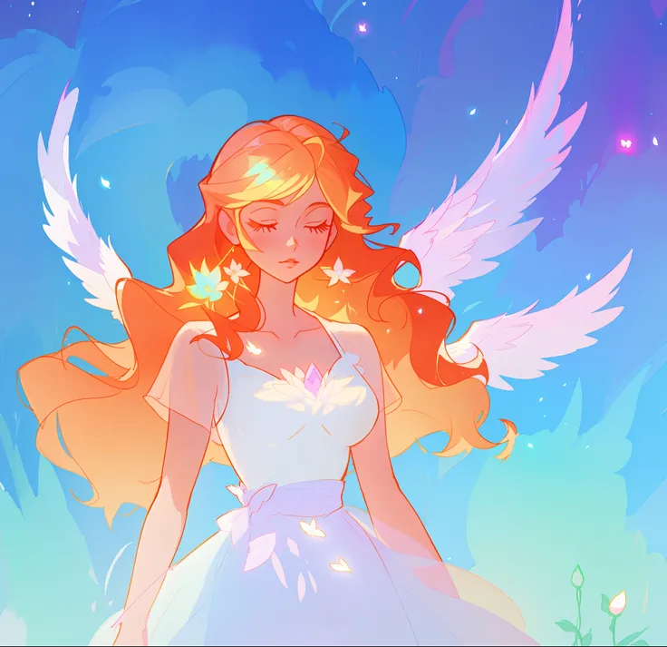 beautiful girl in flowing white dress, (glowing angel wings), glowing flowing ballgown, long wavy hair, sparkling angel wings, watercolor illustration, flowers and colorful plants, inspired by Glen Keane, inspired by Lois van Baarle, disney art style, by L...