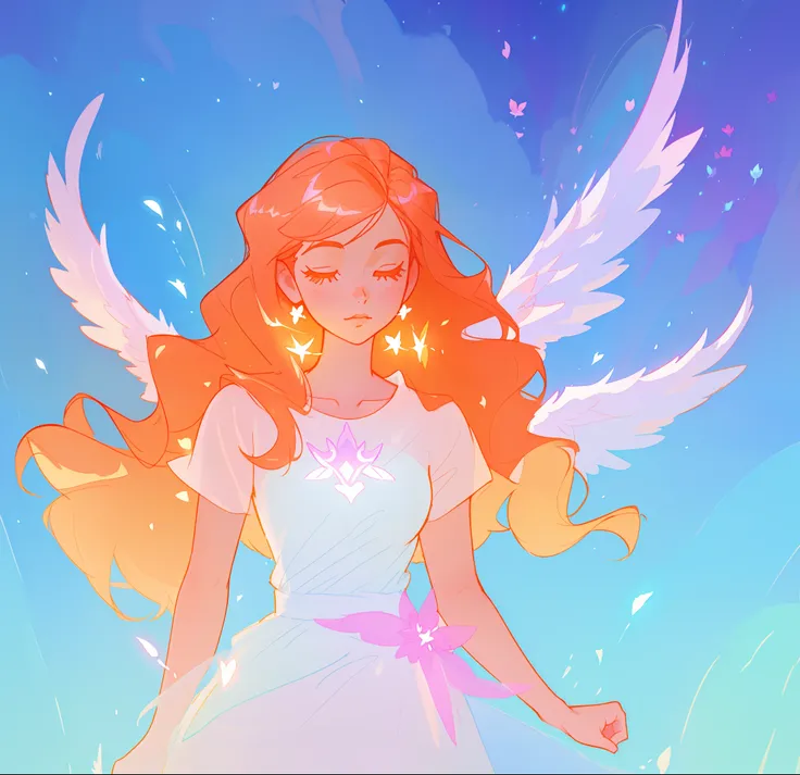 beautiful girl in flowing white dress, (glowing angel wings), glowing flowing ballgown, long wavy hair, sparkling angel wings, watercolor illustration, flowers and colorful plants, inspired by Glen Keane, inspired by Lois van Baarle, disney art style, by L...