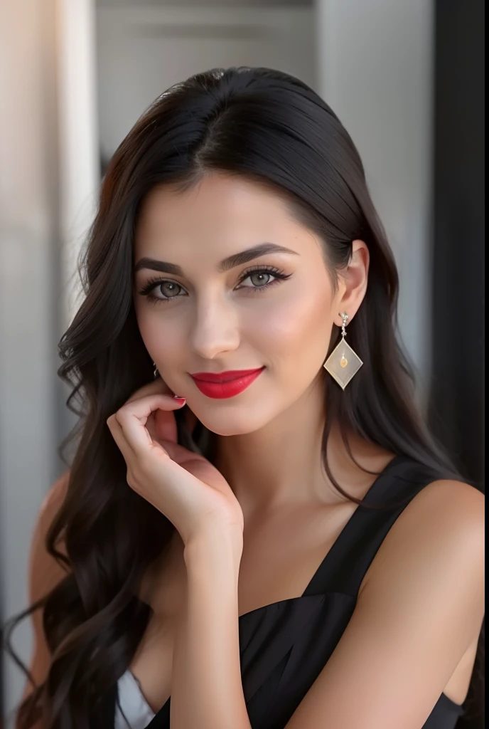 A young woman with long, dark hair is standing in an indoor setting. She has a warm smile on her face and her lips are painted with a deep red lipstick. Her eyes are framed by thick black eyeliner and mascara, while her eyebrows have been groomed to perfec...