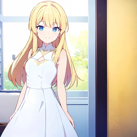 blond girl，wears a white dress，ssmile