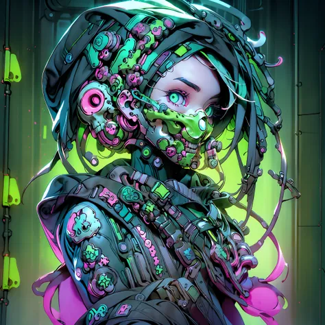 sole_female beside a window,cyberpunk world,neon green gas mask with skeletal design