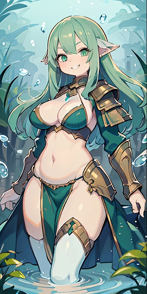 ((perfect anatomy)), a woman, 25 years old, green eyes, eyebrows, nose, hearing, mouth, delineated lips, teeth, hair, (smiling), green hair, neck, big chest, perfect belly, waist, green armor , golden details, medieval armor style, stand, ((background scen...