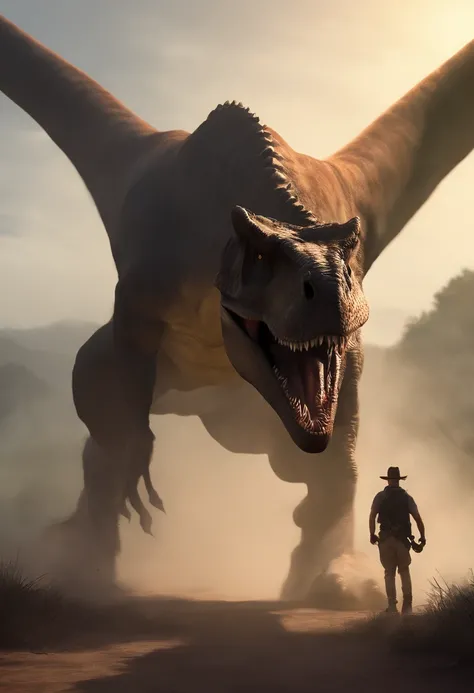 una feroz batalla entre un T-Rex y un triceratops, (La mejor calidad, 4k, Altas Resoluciones, Ultra detallado), Lucha intensa, rugidos y trompetas, Dusty prehistoric landscape, Sombras realistas, vivid colors, (Detallado, intrincado, elaborar) Escamas y te...