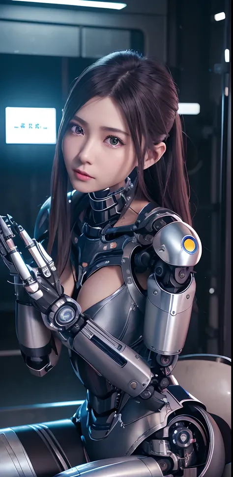 top-quality、​masterpiece、超A high resolution、(Photorealsitic:1.4)、((a beauty girl:1.6)), 1 full-body cyborg girl、sixteen years old、NOhumans、((The skin part is only the face)), Luminous Eyes、((Lots of split metal chest protectors)), Metal Robot、((The whole b...