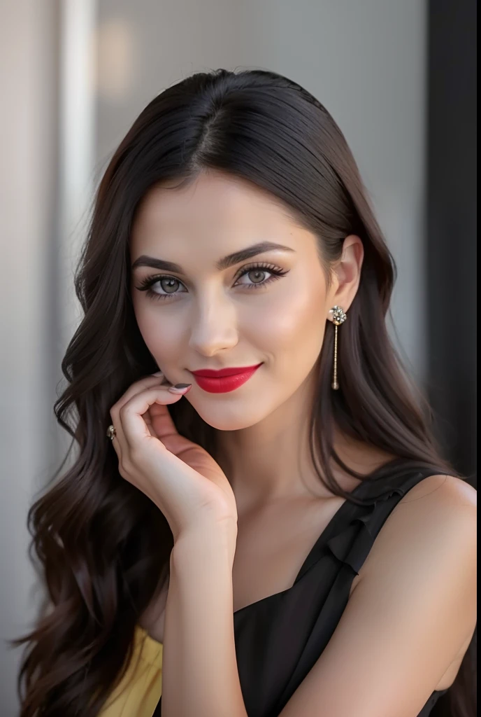 A young woman with long, dark hair is standing in an indoor setting. She has a warm smile on her face and her lips are painted with a deep red lipstick. Her eyes are framed by thick black eyeliner and mascara, while her eyebrows have been groomed to perfec...