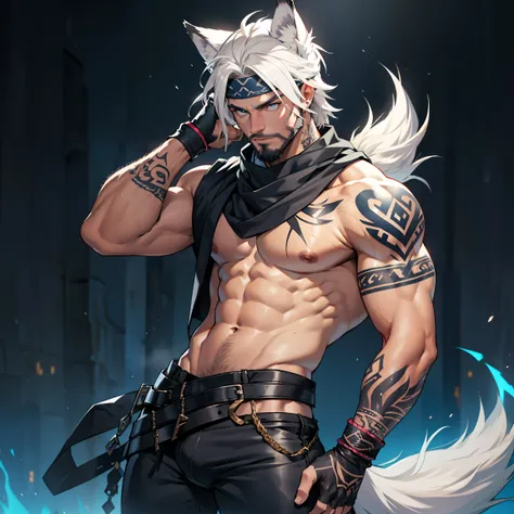 muscular male with short beard, shirtless, full body shot, dominant, sweating, bulge, showing off, posing, has long flowing white hair, has wolf ears, has wolf tail, shirtless, wearing very low punk leather pants, solo, alone, has glowing blue eyes, covere...