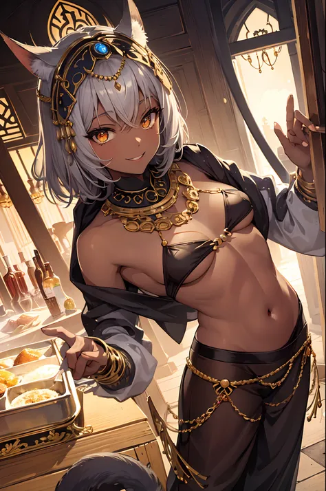 masterpiece, highlydetailed, ultra-detailed, solo, (1girl), (dark skin), yellow red eyes, short hair, grey hair, white cat tail, black cat ears, Anubis girl, small boobs, (Arabian background), (desert), (Arabian clothes), (smile), (harem pants), (tube top)...