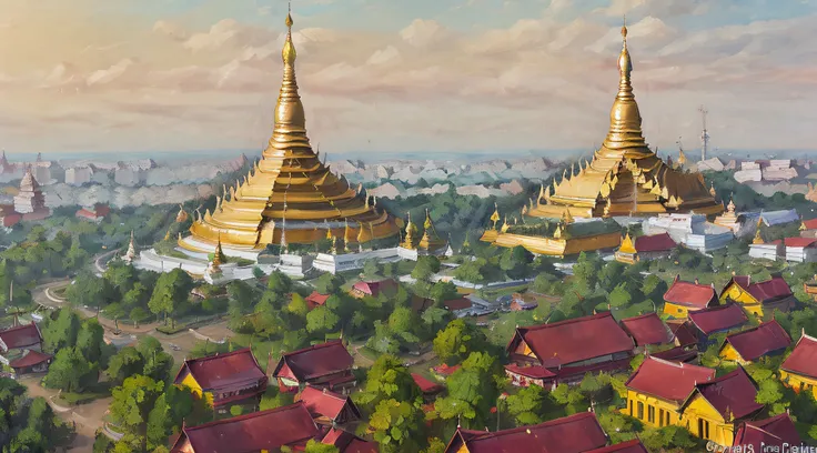 shwedagon pagoda,(( burma, rangoon)), in the style of oil painting,  concept  art, old buildings, down town,70's style, masterpi...