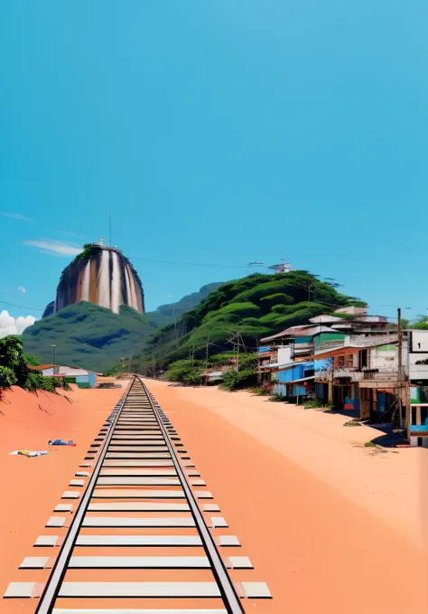 There is a train trail in the middle of a beach, Rio de Janeiro em um filme de anime, Location ( favela ), inspired by Antônio Parreiras, Location ( favela _ PAREDE ), Directed by: Fernando Gerassi, Directed by: Xavier Blum Pinto, Directed by: Manuel Franq...