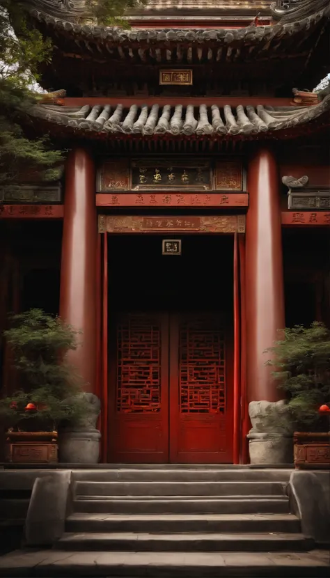 "ancient Chinese architecture, traditional gate with couplets on both sides of the entrance, a plaque above the main gate"