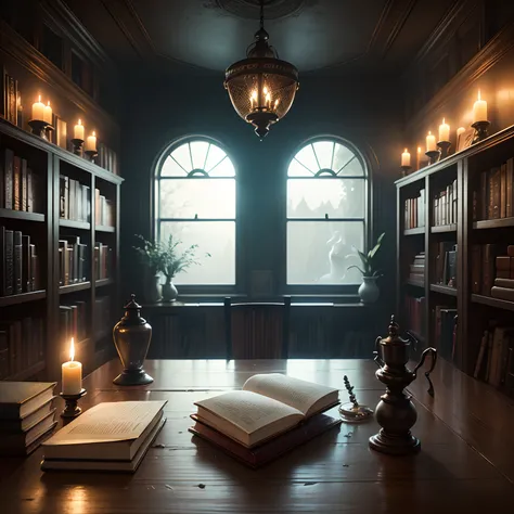 A table with many books by the window、Dark Fantasy Digital Art、Magic book and ghost oil painting、Pinterest isolated on black background、Spell Potion、labo、Evil atmosphere、Drooping candles、dusty library、alchemy、Magic of the Earth、Hekat