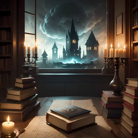 A table with many books by the window、Dark Fantasy Digital Art、Magic book and ghost oil painting、Pinterest isolated on black background、Spell Potion、labo、Evil atmosphere、Drooping candles、dusty library、alchemy、Magic of the Earth、Hekat