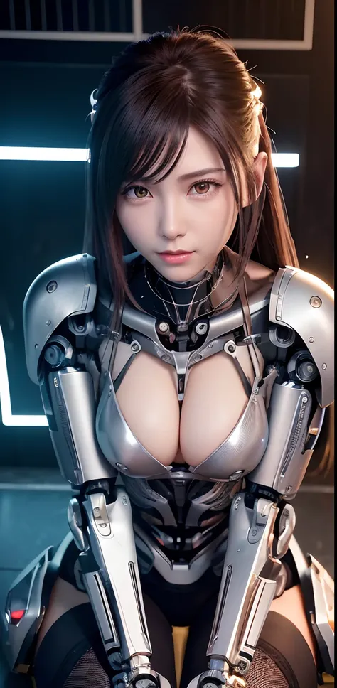 top-quality、​masterpiece、超A high resolution、(Photorealsitic:1.4)、((a beauty girl:1.6)), 1 full-body cyborg girl、sixteen years old、NOhumans、((The skin part is only the face)), Luminous Eyes、((Lots of split metal chest protectors)), Metal Robot、((The whole b...