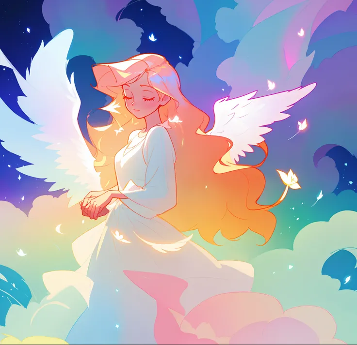 beautiful girl in flowing white dress, (glowing angel wings), glowing flowing ballgown, long wavy hair, sparkling angel wings, watercolor illustration, flowers and colorful plants, inspired by Glen Keane, inspired by Lois van Baarle, disney art style, by L...