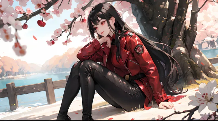 Samyang、

An 18-year-old woman, , red eyes, Red highlights on black hair, sharp eye，blurry backround, cherry trees, ssmile, look up to, Long straight hair, profile, Intricately decorated red leather jacket, Tight leather pants，cross belt，独奏,Full body close...