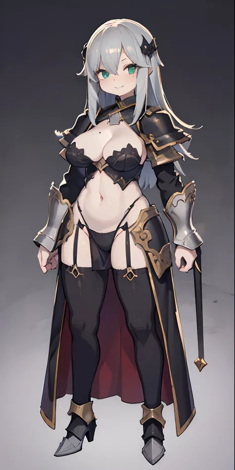 ((perfect anatomy)), a woman, 25 years old, green eyes, eyebrows, nose, hearing, mouth, detailed lips, teeth, hair, (smiling), big silver hair, neck, big chest, perfect belly, waist, armor Silver, details on the armor, medieval armor style, (covering full ...