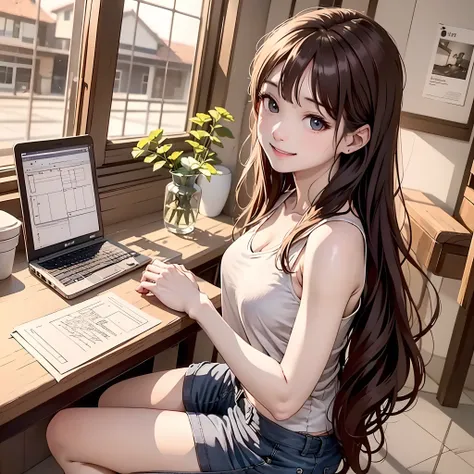 masuter piece, Best Quality, 8K Wallpapers, (Beautiful eyes), ((Beautiful)), (lovely), (in a house),(((1girl in))),23years old,(Sit in front of a desk、Write a plan)、A smile、((Tank Tops、Short pants))（Brown hair long hair、Bangs center parting）