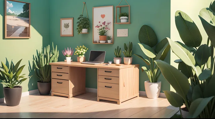 Desk illustration drawn in cartoon style. Add natural elements, As plants and flowers, And use a soft color palette to create a relaxing atmosphere.