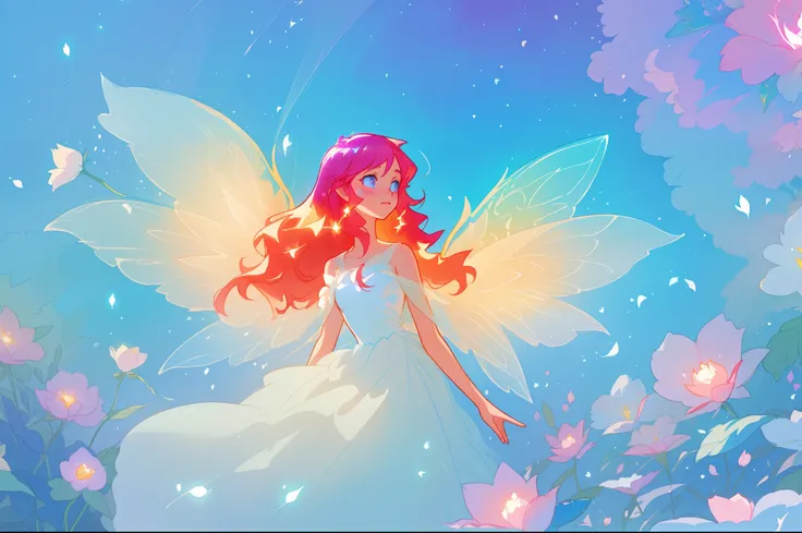 beautiful girl in flowing white dress, (glowing fairy wings), glowing flowing ballgown, long wavy hair, sparkling fairy wings, watercolor illustration, flowers and colorful plants, inspired by Glen Keane, inspired by Lois van Baarle, disney art style, by L...