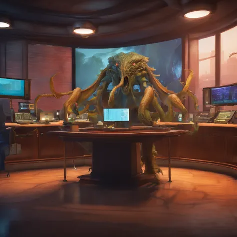 Lovecraftian creature, television news anchor, news desk, facing forward, monitors and computers in background