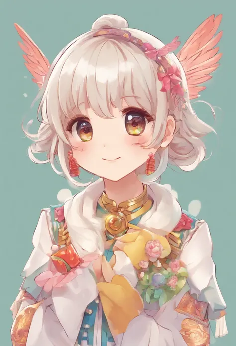 girl harpyja with wings, hair bobbles, wince, longeyelashes, solid circle eyes, light smile, ear blush, fang, drop shadow, pov, atmospheric perspective, 8k, super detail, accurate, best quality, white hair, cute sticker girl, anime, adult woman, wings, vtu...