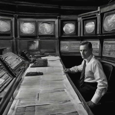 Lovecraftian creature, television news anchor, news desk, facing forward, monitors and computers in background