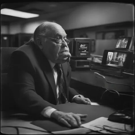 Lovecraftian creature, television news anchor, news desk, facing forward, monitors and computers in background