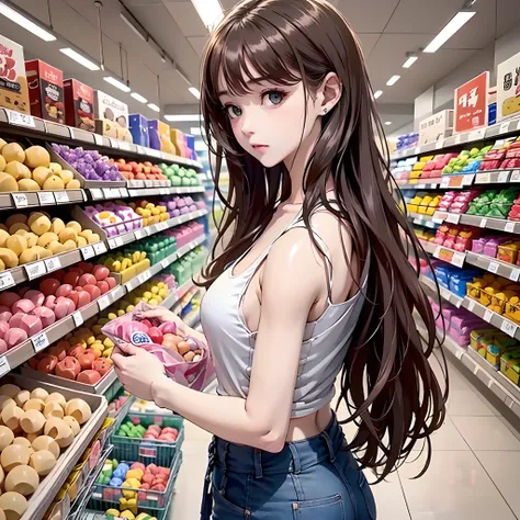 masuter piece, Best Quality, 8K Wallpapers, (Beautiful eyes), ((Beautiful)), (lovely), (in a house),(((1girl in))),23years old,(Supermarket interior、Shelves lined with sweets、Look towards the shelf、profile、Holding a bag of sweets)、Dissatisfied look、((Tank ...