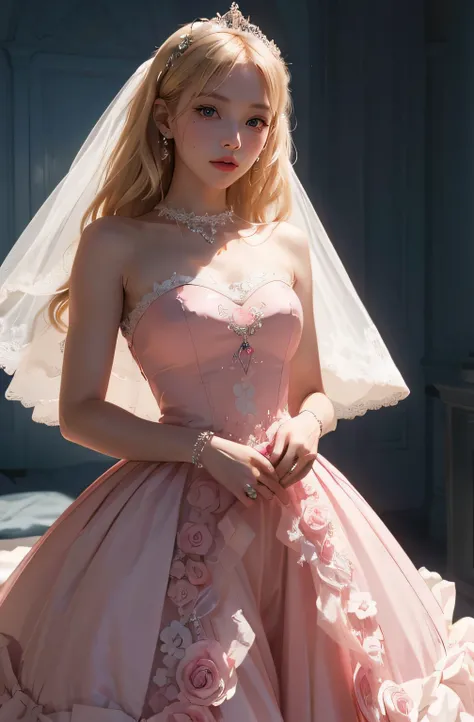 Photo of a beautiful blondy girl in a pink dress posing for a picture, inspired by Lillian Bassman, tumblr, romanticism, verawang couture, elegant dress, wearing a wedding dress, kiko mizuhara :: the future background with big pink funnels :: ultra realist...