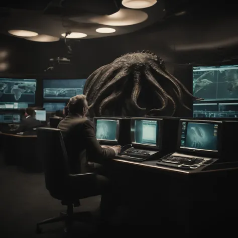 Lovecraftian creature, television news anchor, news desk, facing forward, monitors and computers in background