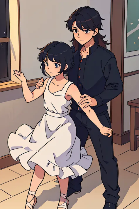 （best qualtiy：0.8），（best qualtiy：0.8），Perfect anime illustration，A handsome teenager with short hair and a beautiful woman with long hair，The boy sat quietly，Woman dancing ballet