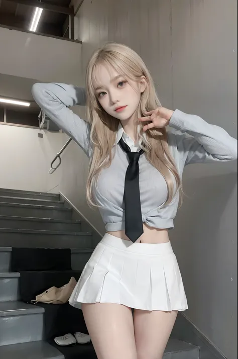 Gray eyes、Korean School Uniform、Summer School Uniform Shirts、Ribbon tie、Korean Student Tight Skirt、Bright blonde hair、stairs at school、Descending the school stairs、Chest thrusting pose、Pose to show off your breasts、8K RAW Photos、hight resolution、16-year-ol...