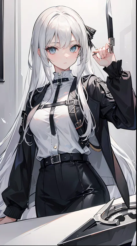 A cool knife hunting woman，Wearing white and silver clothes，She wears long silver-white hair