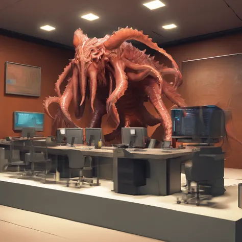 Lovecraftian creature, television news anchor, news desk, facing forward, monitors and computers in background