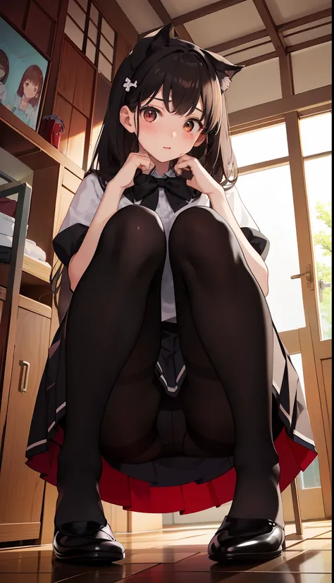 1girl in、Front-facing、Composition from below、crouching down、Panchira、Full body portrait、brown haired、Medium haircut、red blush、Absolute Area、Black knee socks、Black knee high、Black stockings、Black pantyhose、Black Lace Pantyhose、White underwear、white  panties...