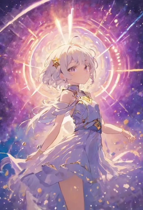 1girll, White hair, pupils in symbol shapes, Goddess of space, milky ways, Light particles, Light rays, the wallpaper, High contrast, Colorful,（（Bare upper body））