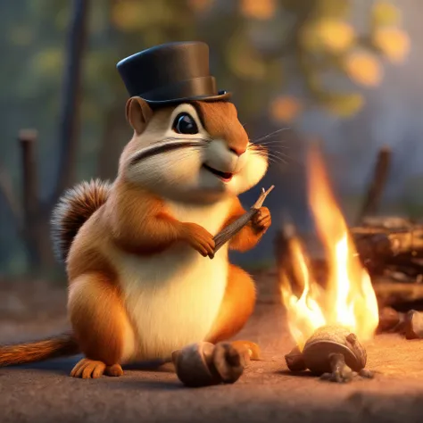 hobo chipmunk, top hat, twig cabin, camp fire, roasting an acorn on a stick over the fire