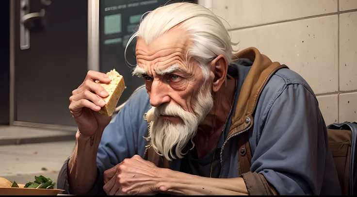 homeless old man, with food on his hands, stoic