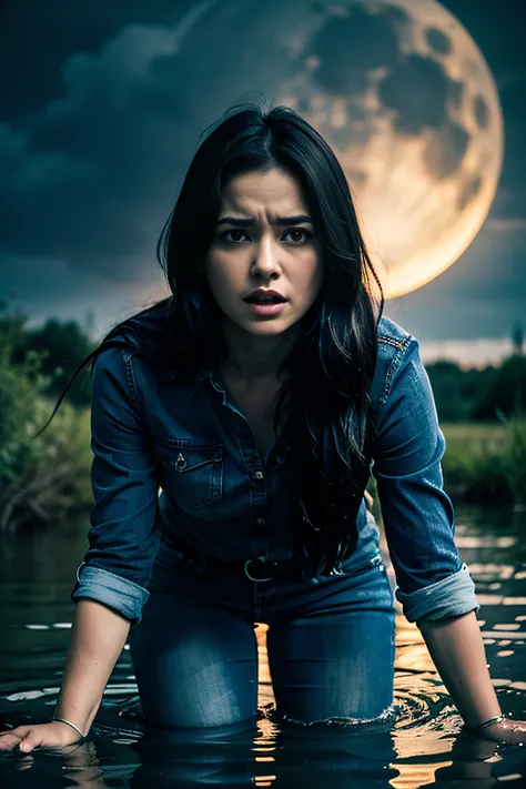 Dynamic frame, The woman, (drowning in a swamp), standingn , In jeans and blouse, ( despair:1.2). looks us in the eye. Black Night Sky, Clouds, luna, woods, Sacrifice in a grim ritual