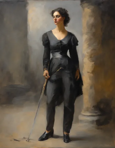 woman of defined body, alone, rapier in her hand, black hair, curly locks of hair, short hair, ((social blouse of black and gray color, black and long gray pants)), social shoes of black color, serious look, eyes of light amber and slate grey color, castle...