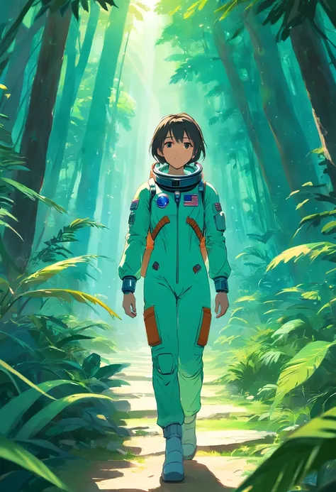 (astronaut walking in the jungle,sony a7r,50mm lens,morningglow,8k),photorealistic,ultra-detailed,vividcolors,portraits,detailed foliage,dense vegetation,mysterious atmosphere,exotic wildlife,steamy atmosphere,unique flora and fauna,delicate details of ast...