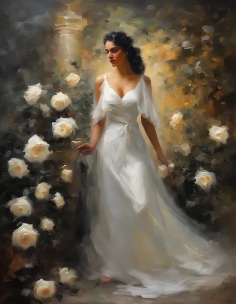 woman of defined body, alone, rapier in her hand, black hair, curly locks of hair, short hair, ((long white wedding dress, white veil, black roses on dress)), social shoes of black color, serious look, eyes of light amber and slate grey color, enchanted ga...