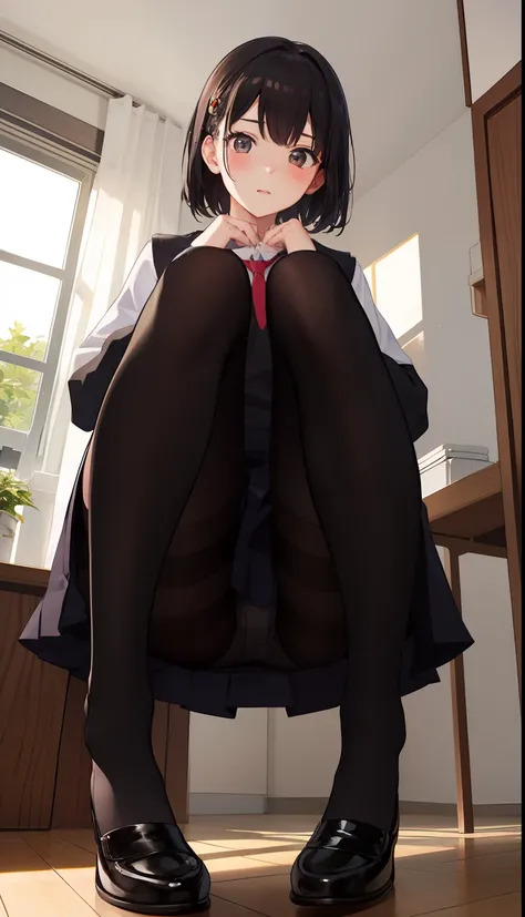 1girl in、Front-facing、Composition from below、Full body portrait、brown haired、Shorthair、Medium haircut、red blush、Absolute Area、Black knee socks、Black knee high、Black stockings、Black pantyhose、Black Lace Pantyhose、White underwear、white  panties、No shoes、with...