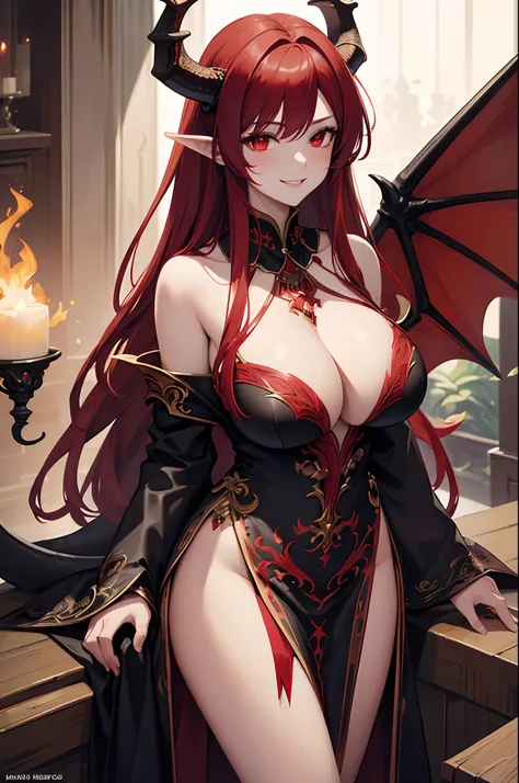 masterpiece, highlydetailed, ultra-detailed, solo, (1woman), long hair, red hair, young woman, dragon woman, red dragon, black dragon horns, dragon wings, red scales, beautiful, enchanting, red eyes, elegant, halo, big breast, friendly smile, charming, fla...