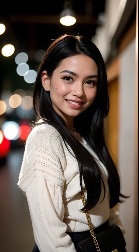 malay girl, very long black hair, wavy hair, wear artsy style outfit, laughing and posing with hand on head, touching her own he...