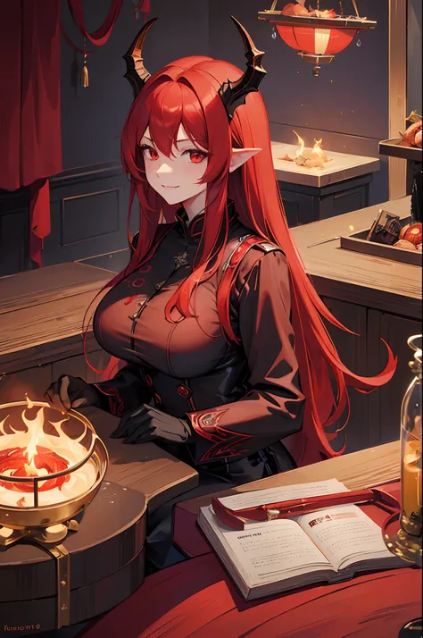 masterpiece, highlydetailed, ultra-detailed, solo, (1woman), long hair, red hair, young woman, dragon woman, red dragon, complex black dragon horns, dragon wings, red scales, beautiful, enchanting, red eyes, elegant, halo, big breast, friendly smile, charm...